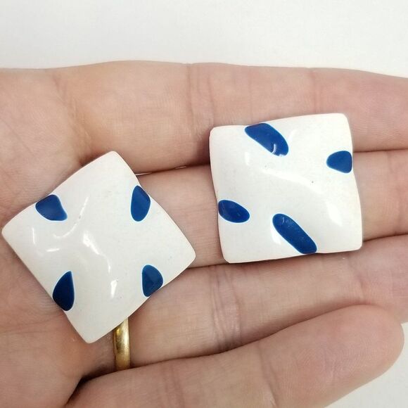 Vintage Retro Blue and White Enamel Square Shape Stud Earrings, 80s Style - Picture 1 of 5